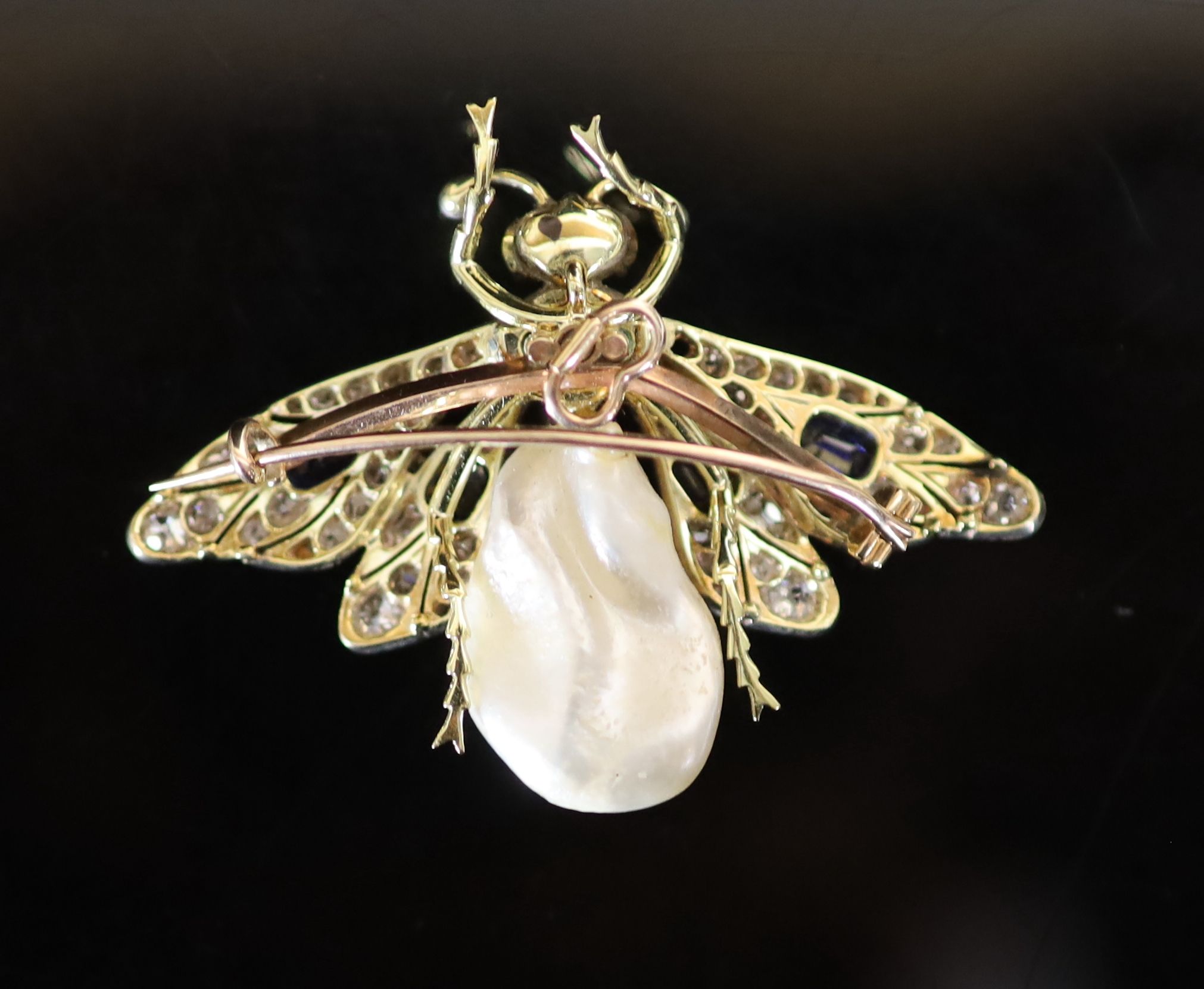 A Victorian gold, sapphire, rose diamond and freshwater pearl 'bee' brooch with ruby eyes